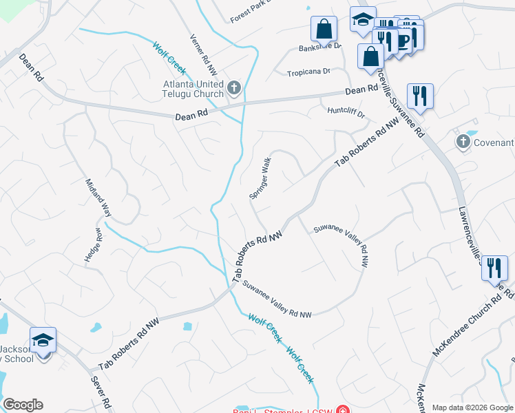 map of restaurants, bars, coffee shops, grocery stores, and more near 2250 Springer Walk in Lawrenceville
