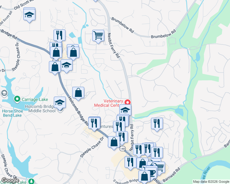 map of restaurants, bars, coffee shops, grocery stores, and more near 2845 Shurburne Drive in Alpharetta