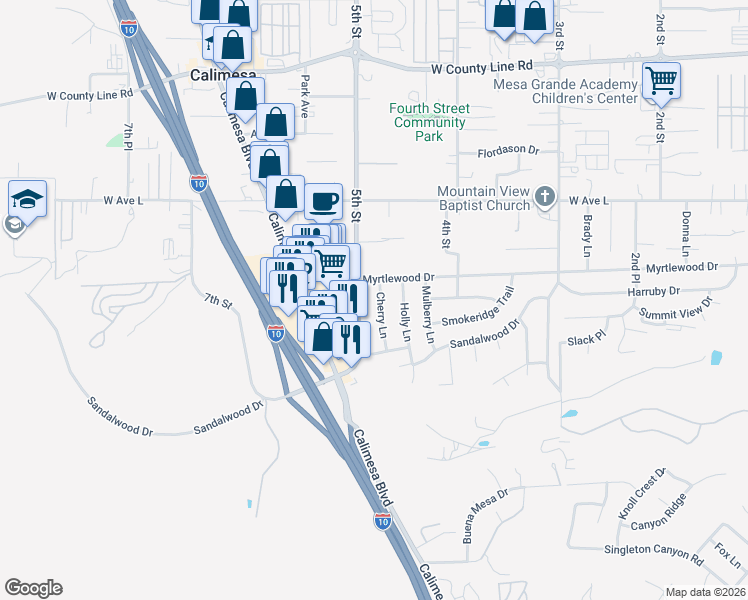 map of restaurants, bars, coffee shops, grocery stores, and more near 1148 Cherry Lane in Calimesa