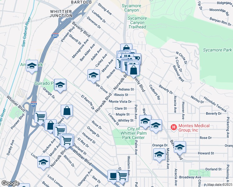 map of restaurants, bars, coffee shops, grocery stores, and more near 10817 Illinois Street in Whittier