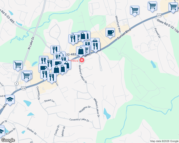 map of restaurants, bars, coffee shops, grocery stores, and more near 120 Landing Drive in Lexington