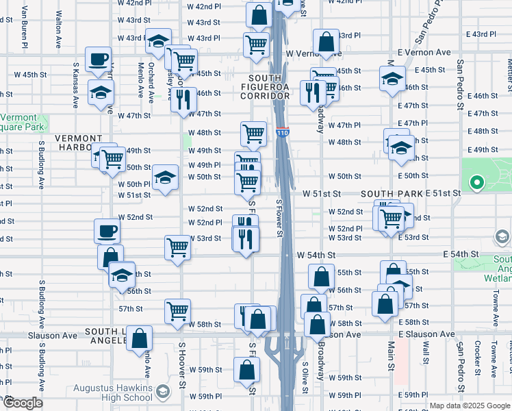 map of restaurants, bars, coffee shops, grocery stores, and more near 5124 South Figueroa Street in Los Angeles