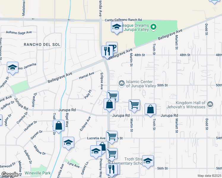 map of restaurants, bars, coffee shops, grocery stores, and more near 5014 Etiwanda Avenue in Jurupa Valley