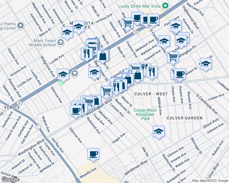 map of restaurants, bars, coffee shops, grocery stores, and more near 3978 1/2 Beethoven Street in Los Angeles