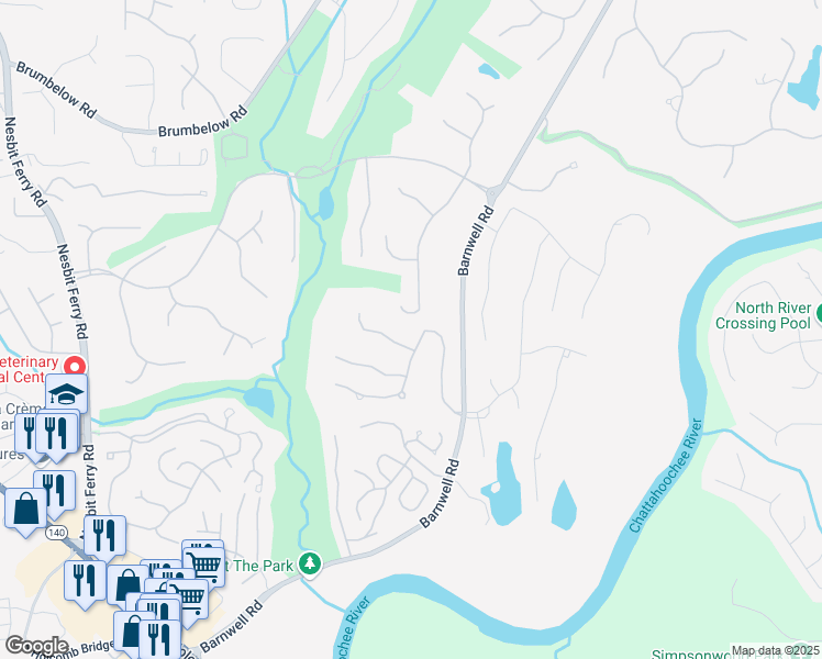 map of restaurants, bars, coffee shops, grocery stores, and more near 125 Fairway Ridge Drive in Alpharetta
