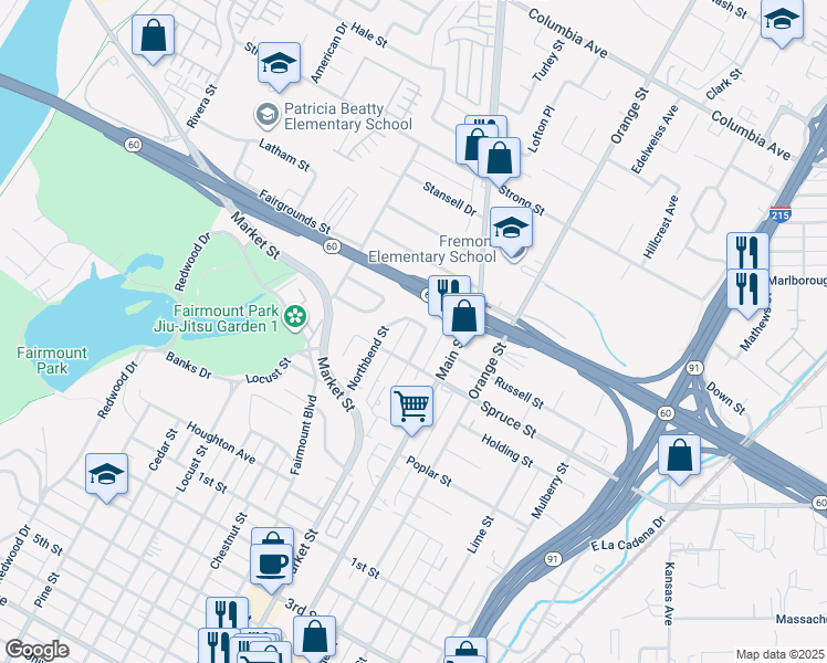 map of restaurants, bars, coffee shops, grocery stores, and more near 2319 Wilshire Street in Riverside