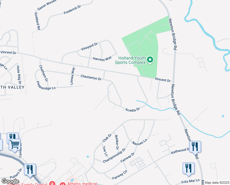 map of restaurants, bars, coffee shops, grocery stores, and more near 121 Chesterton Drive in Athens