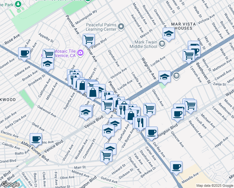 map of restaurants, bars, coffee shops, grocery stores, and more near 2313 Penmar Avenue in Los Angeles
