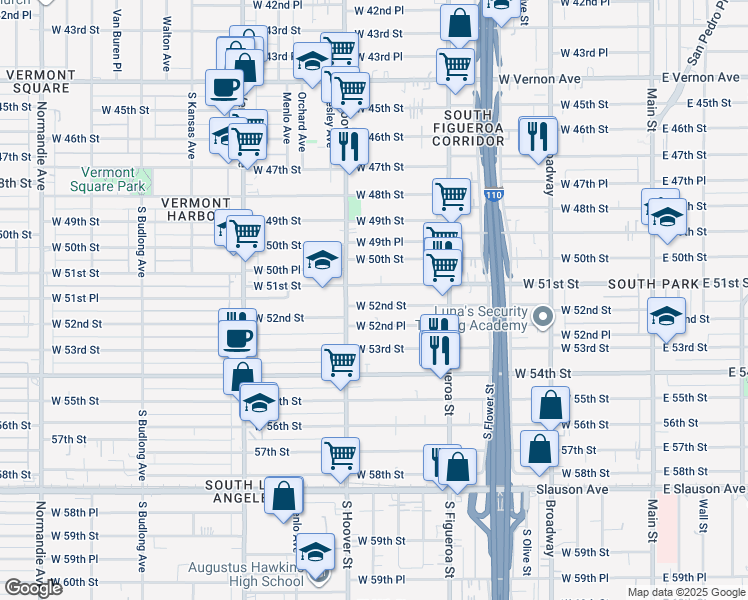 map of restaurants, bars, coffee shops, grocery stores, and more near 709 West 52nd Street in Los Angeles