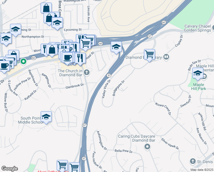 map of restaurants, bars, coffee shops, grocery stores, and more near 1470 Valley Vista Drive in Diamond Bar