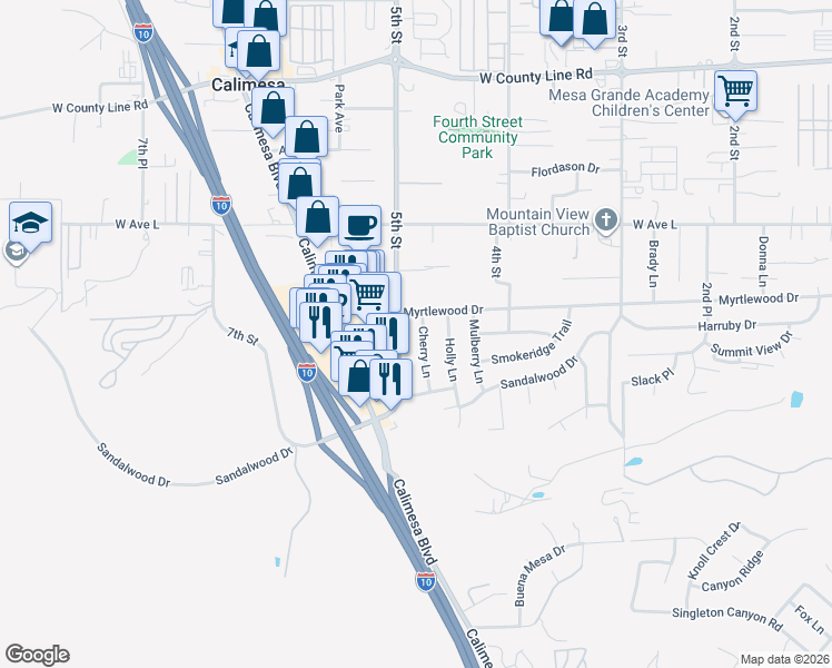 map of restaurants, bars, coffee shops, grocery stores, and more near 1148 Cherry Lane in Calimesa