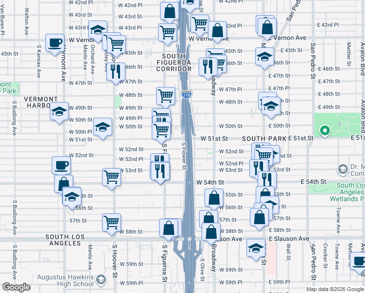 map of restaurants, bars, coffee shops, grocery stores, and more near 417 West 52nd Street in Los Angeles