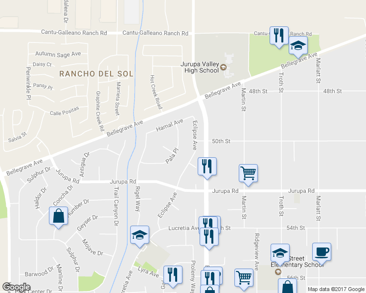 map of restaurants, bars, coffee shops, grocery stores, and more near 11080 Pala Place in Jurupa Valley