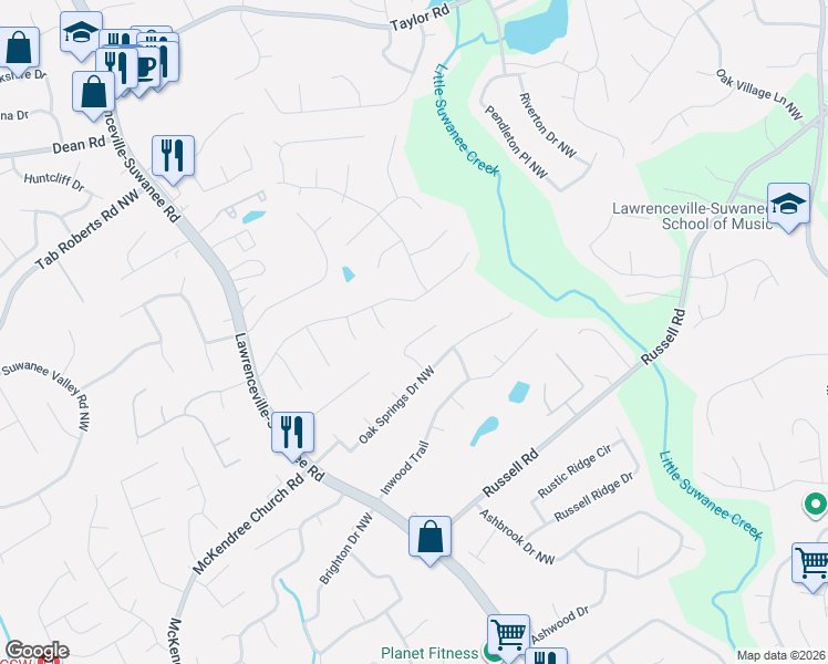 map of restaurants, bars, coffee shops, grocery stores, and more near 1772 Penny Lane Northwest in Lawrenceville