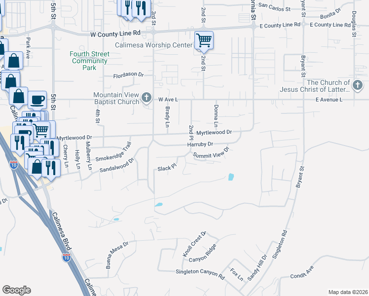 map of restaurants, bars, coffee shops, grocery stores, and more near 239 Harruby Drive in Calimesa