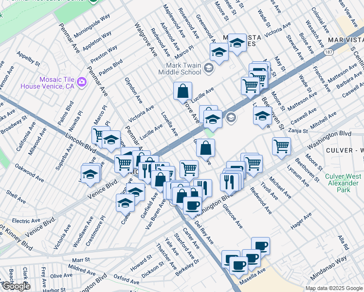 map of restaurants, bars, coffee shops, grocery stores, and more near 2403 Louella Avenue in Los Angeles