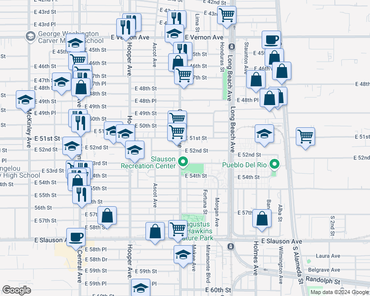 map of restaurants, bars, coffee shops, grocery stores, and more near 1511 East 52nd Street in Los Angeles