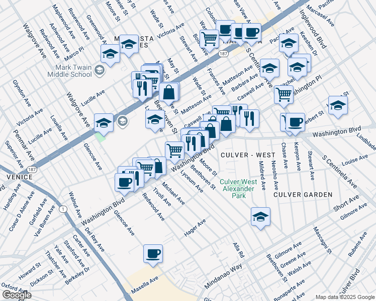 map of restaurants, bars, coffee shops, grocery stores, and more near 3988 Beethoven Street in Los Angeles