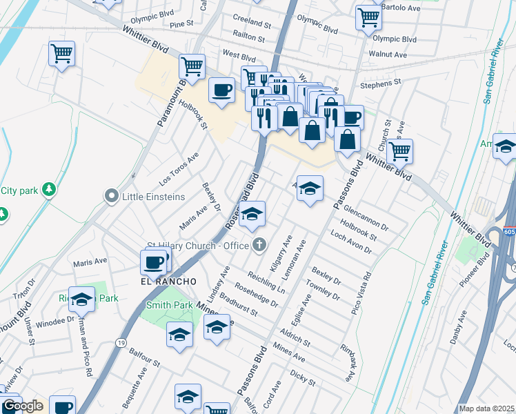 map of restaurants, bars, coffee shops, grocery stores, and more near 5319 Lindsey Avenue in Pico Rivera