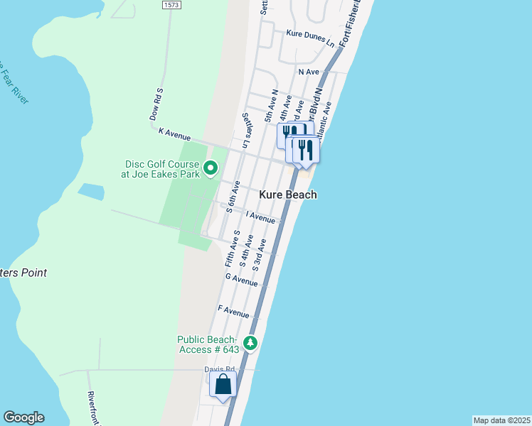 map of restaurants, bars, coffee shops, grocery stores, and more near 222 South 3rd Avenue in Kure Beach