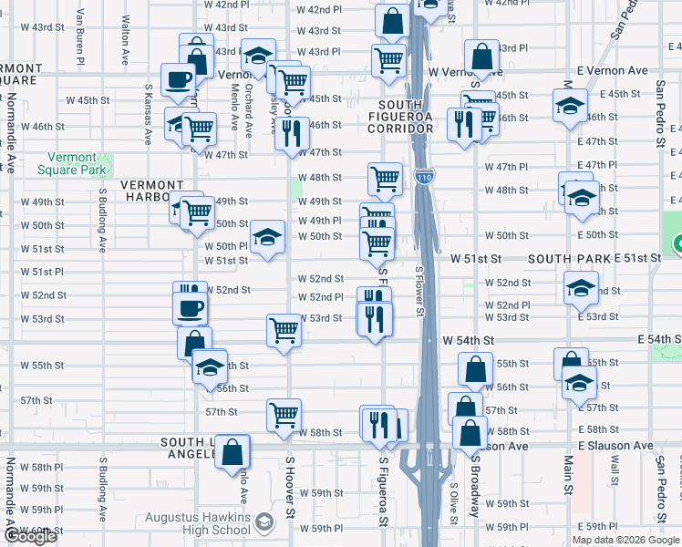 map of restaurants, bars, coffee shops, grocery stores, and more near 615 West 52nd Street in Los Angeles