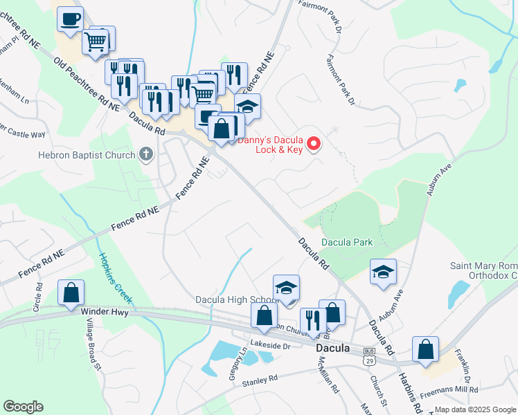 map of restaurants, bars, coffee shops, grocery stores, and more near 358 Dacula Rd in Dacula