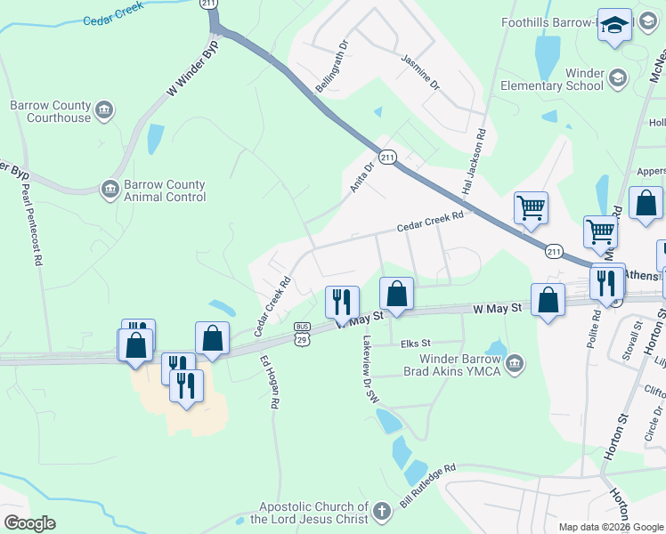 map of restaurants, bars, coffee shops, grocery stores, and more near 396 Castle Ave in Winder