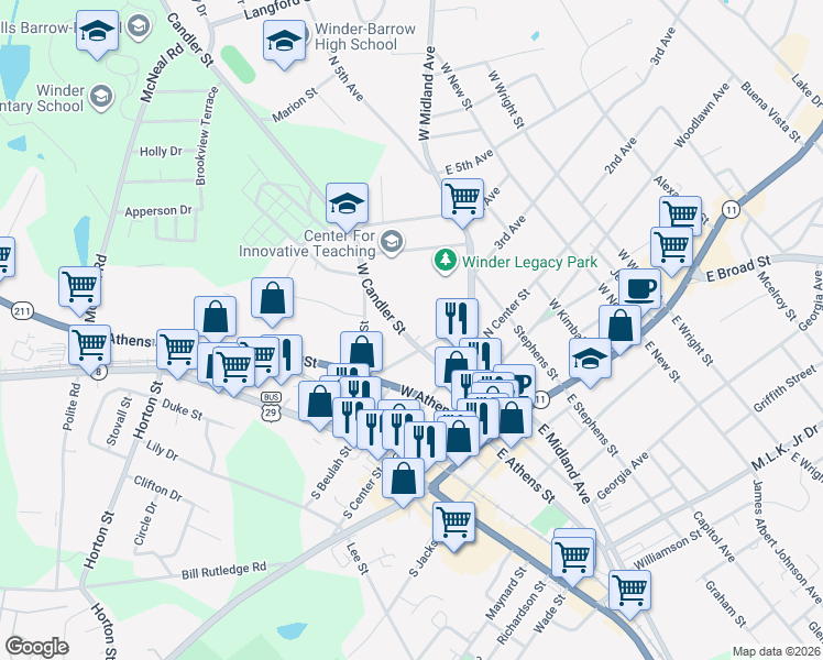 map of restaurants, bars, coffee shops, grocery stores, and more near 103 West Candler Street in Winder