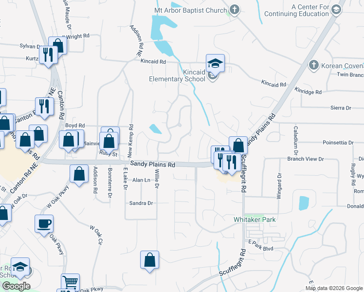 map of restaurants, bars, coffee shops, grocery stores, and more near 1838 Wilkenson Crossing North East in Marietta