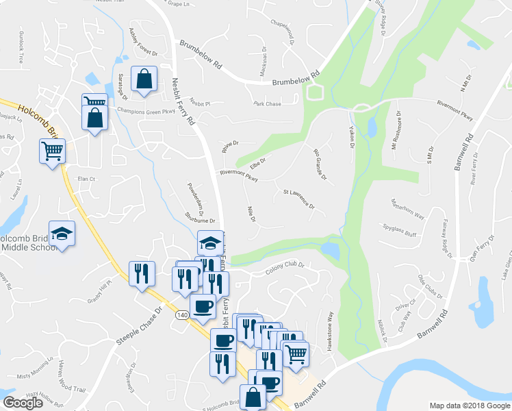map of restaurants, bars, coffee shops, grocery stores, and more near 740 Nile Drive in Alpharetta