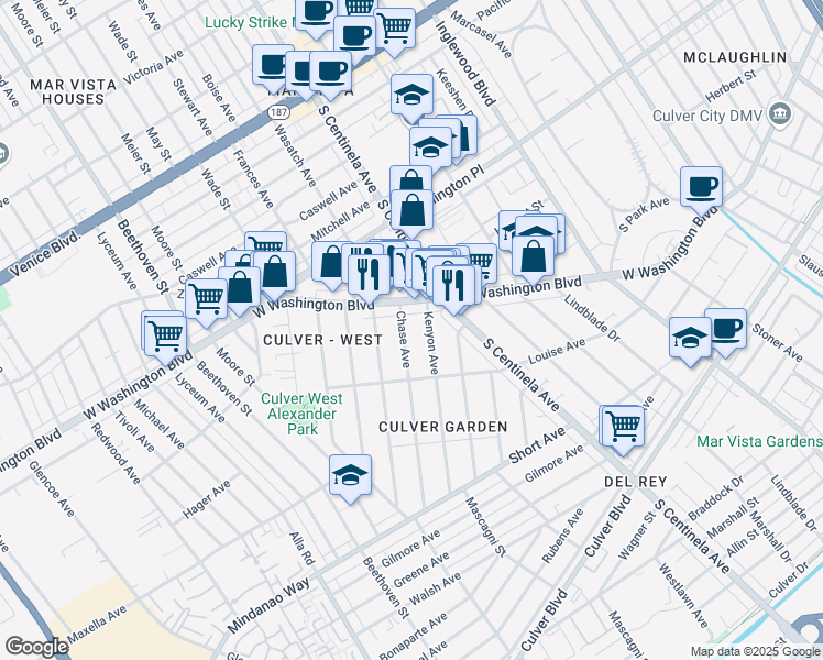 map of restaurants, bars, coffee shops, grocery stores, and more near 4132 Chase Avenue in Los Angeles