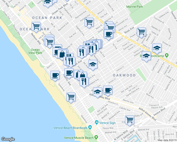 map of restaurants, bars, coffee shops, grocery stores, and more near 351 Sunset Avenue in Venice
