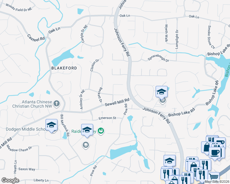 map of restaurants, bars, coffee shops, grocery stores, and more near 3905 Ardsley Drive Northeast in Marietta