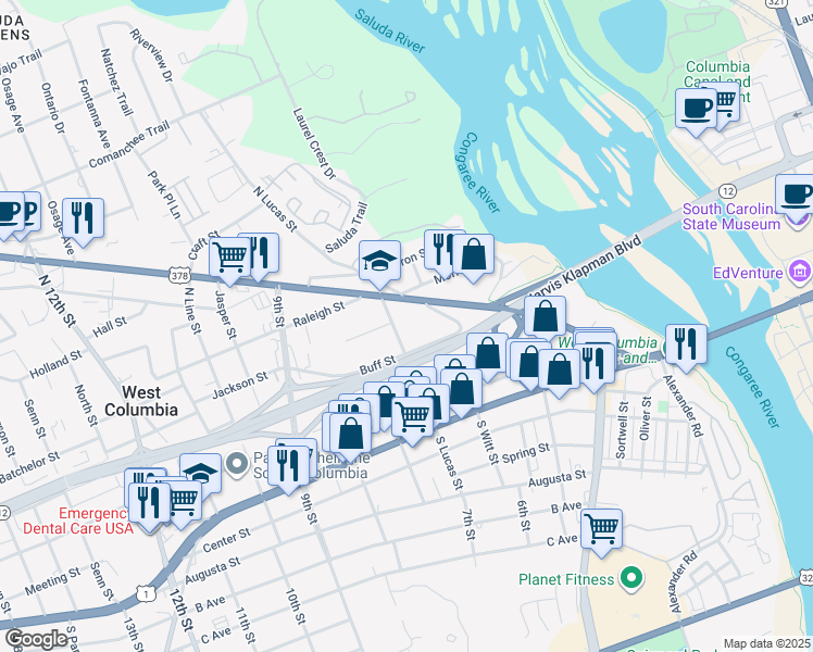 map of restaurants, bars, coffee shops, grocery stores, and more near 406 North Lucas Street in West Columbia