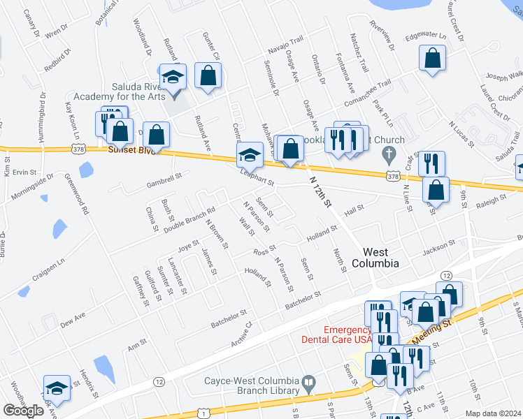 map of restaurants, bars, coffee shops, grocery stores, and more near 633 Senn Street in West Columbia