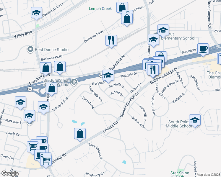map of restaurants, bars, coffee shops, grocery stores, and more near 20232 Damietta Drive in Walnut