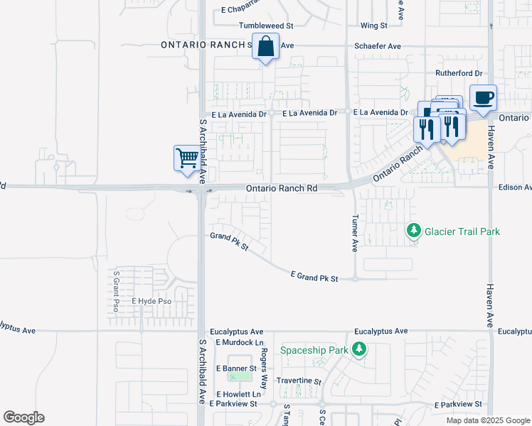 map of restaurants, bars, coffee shops, grocery stores, and more near 2615 E Date Palm Paseo in Ontario
