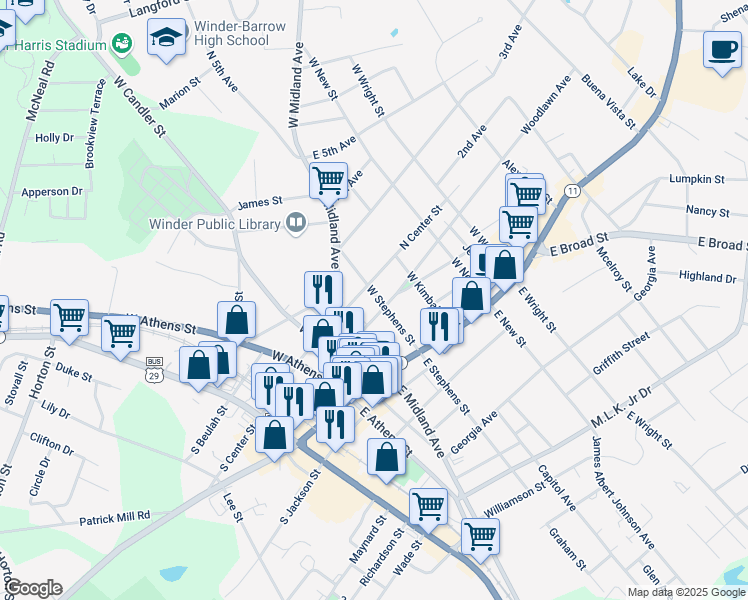 map of restaurants, bars, coffee shops, grocery stores, and more near 44 West Stephens Street in Winder