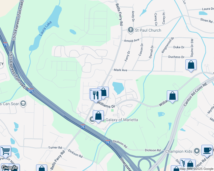 map of restaurants, bars, coffee shops, grocery stores, and more near 370 Oak Harbor Trail in Marietta
