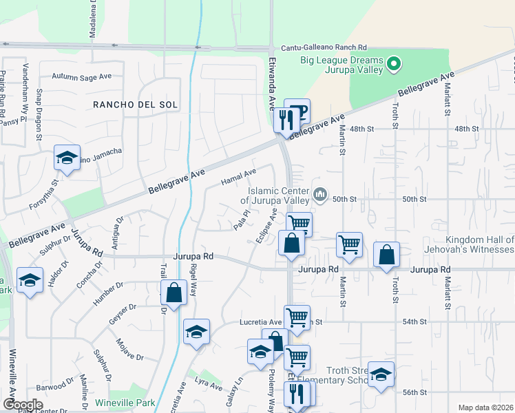 map of restaurants, bars, coffee shops, grocery stores, and more near 11080 Pala Place in Jurupa Valley