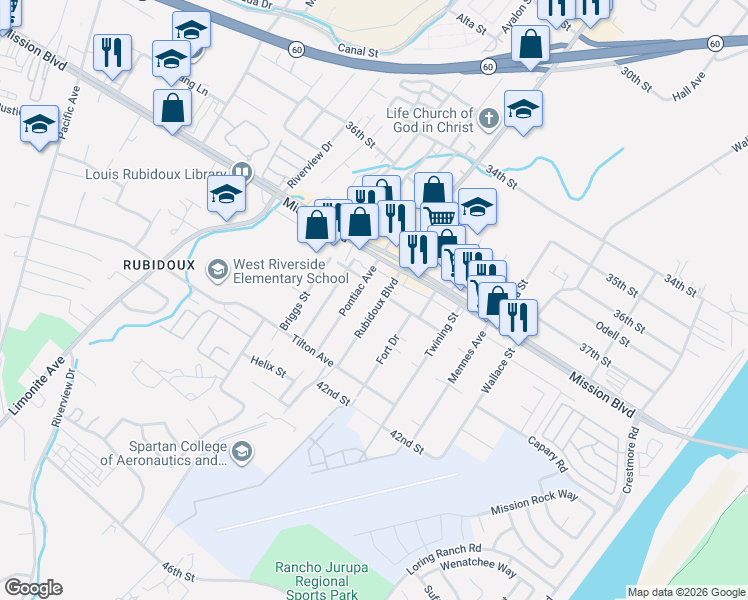 map of restaurants, bars, coffee shops, grocery stores, and more near 3952 Rubidoux Boulevard in Riverside