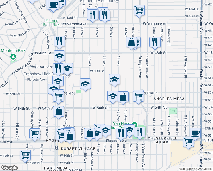 map of restaurants, bars, coffee shops, grocery stores, and more near 5126 6th Avenue in Los Angeles