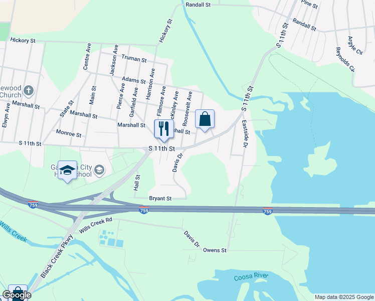 map of restaurants, bars, coffee shops, grocery stores, and more near 1504 South 11th Street in Gadsden