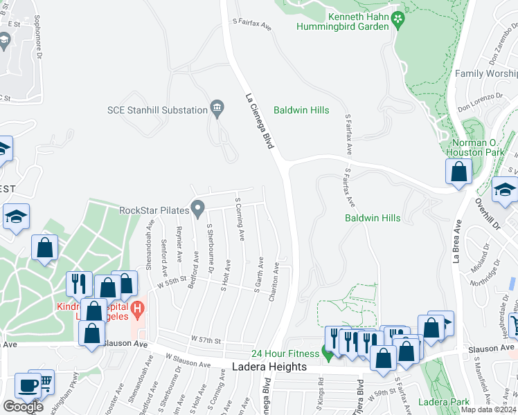 map of restaurants, bars, coffee shops, grocery stores, and more near 5102 South Garth Avenue in Los Angeles