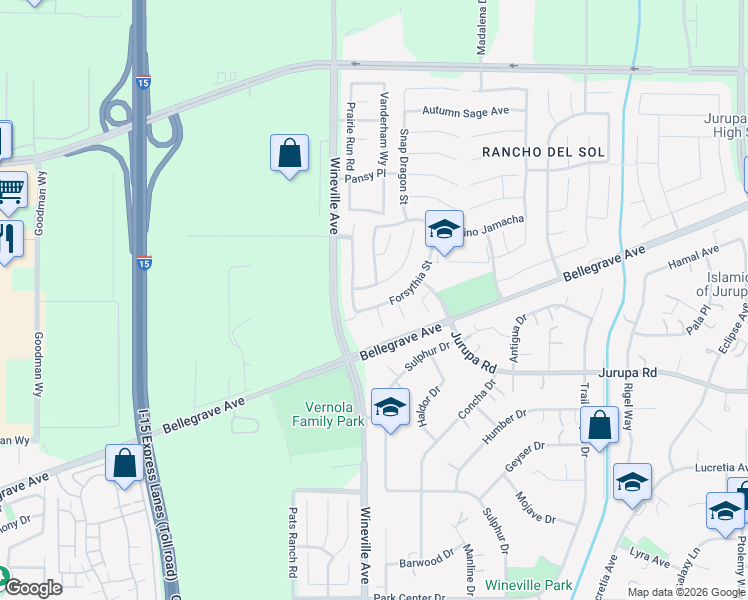 map of restaurants, bars, coffee shops, grocery stores, and more near 11781 Forsythia Street in Jurupa Valley