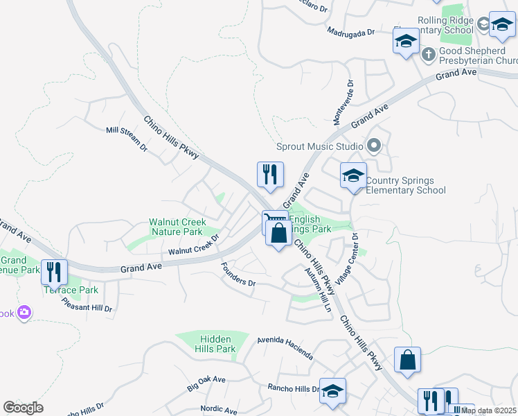 map of restaurants, bars, coffee shops, grocery stores, and more near 14141 Shoreline Drive in Chino Hills