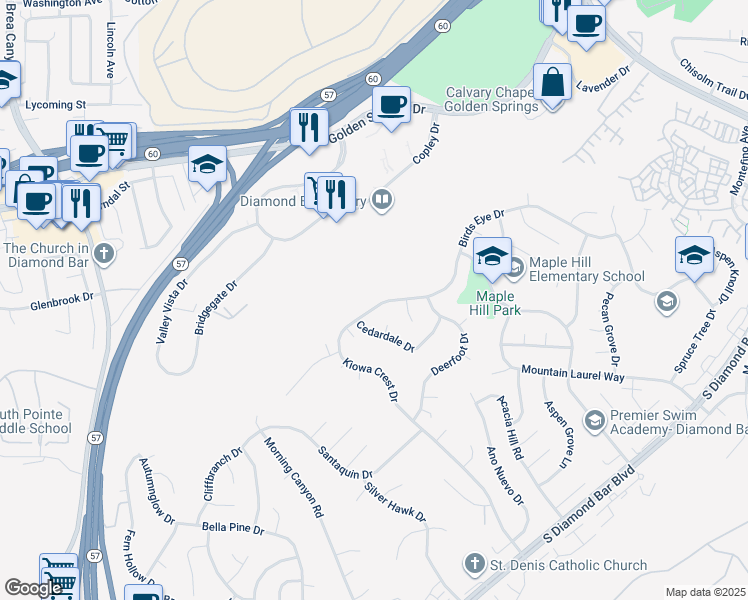 map of restaurants, bars, coffee shops, grocery stores, and more near 22033 Birds Eye Drive in Diamond Bar