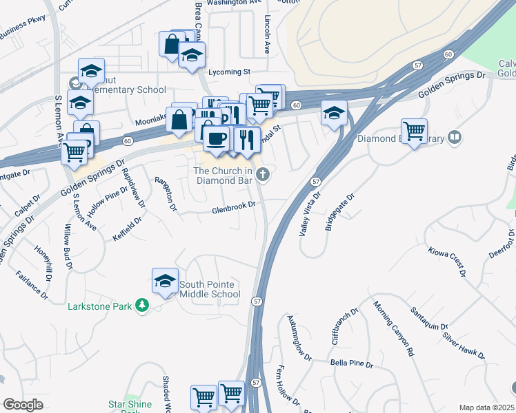 map of restaurants, bars, coffee shops, grocery stores, and more near 1300 Glenthorpe Drive in Walnut