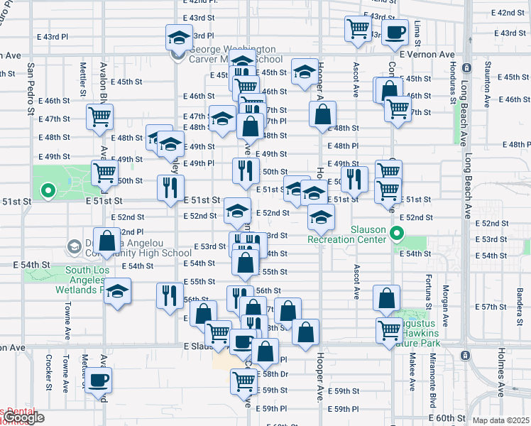 map of restaurants, bars, coffee shops, grocery stores, and more near 1133 E 52nd St in Los Angeles