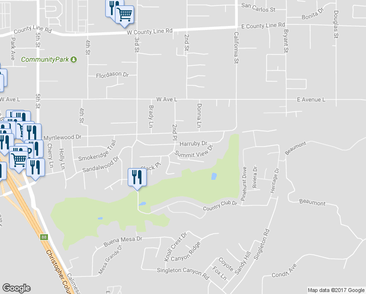 map of restaurants, bars, coffee shops, grocery stores, and more near 211 Harruby Drive in Calimesa
